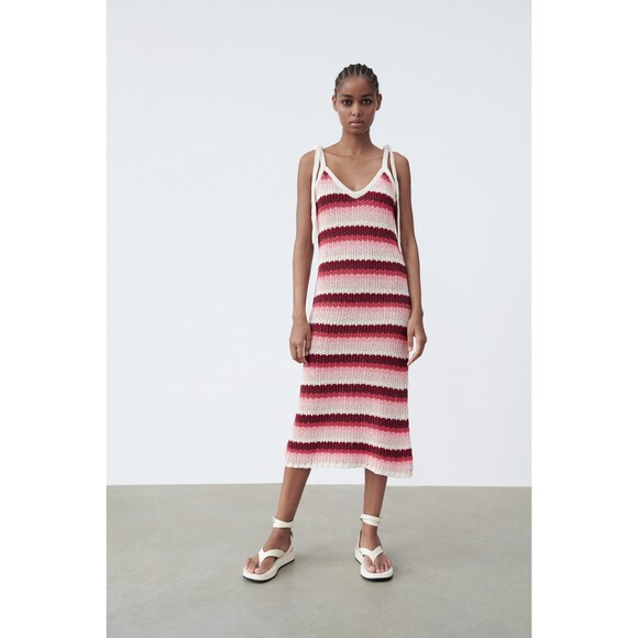 Zara Striped Tie Shoulder Sleeveless Knit Midi Dress (NWT) - Picture 1 of 8